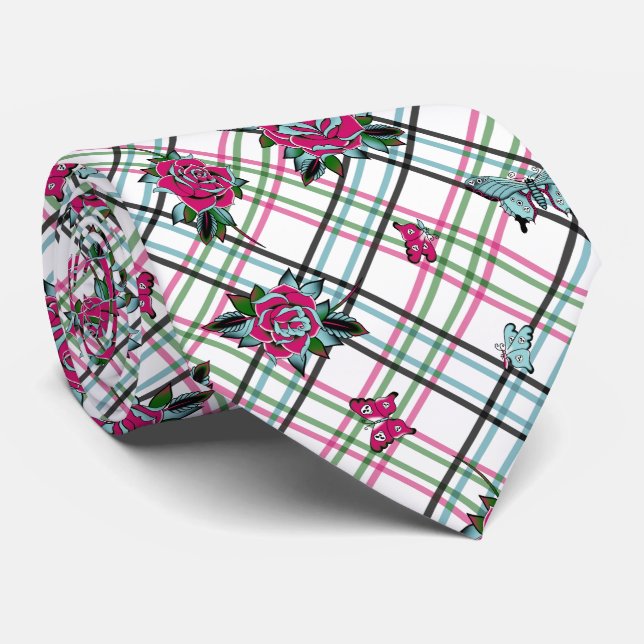 Pink Blue Tattoo Roses Butterflies Plaid Tie (Rolled)