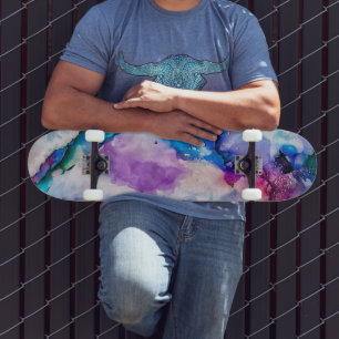 Pink Blue Teal Abstract Watercolor Skateboard