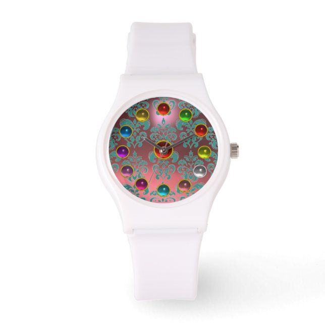 PINK BLUE TEAL DAMASK AND 3D COLORFUL GEMSTONES WATCH (Front)