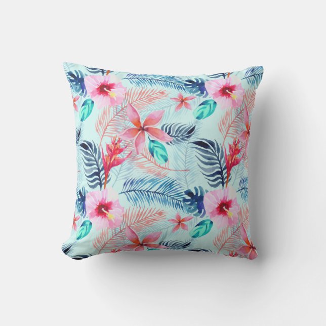 Pink Blue Teal Floral Modern Tropical Pattern Cushion (Front)