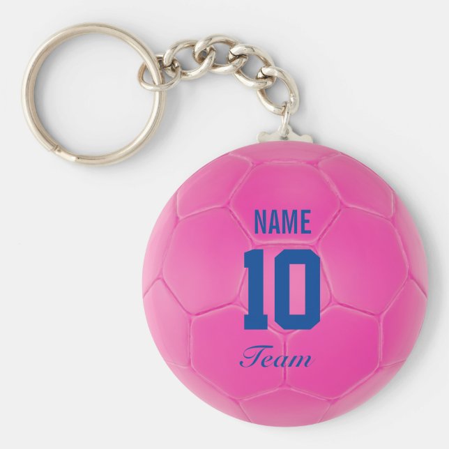 Pink Blue Team Soccer Ball Personalised Name Key Ring (Front)