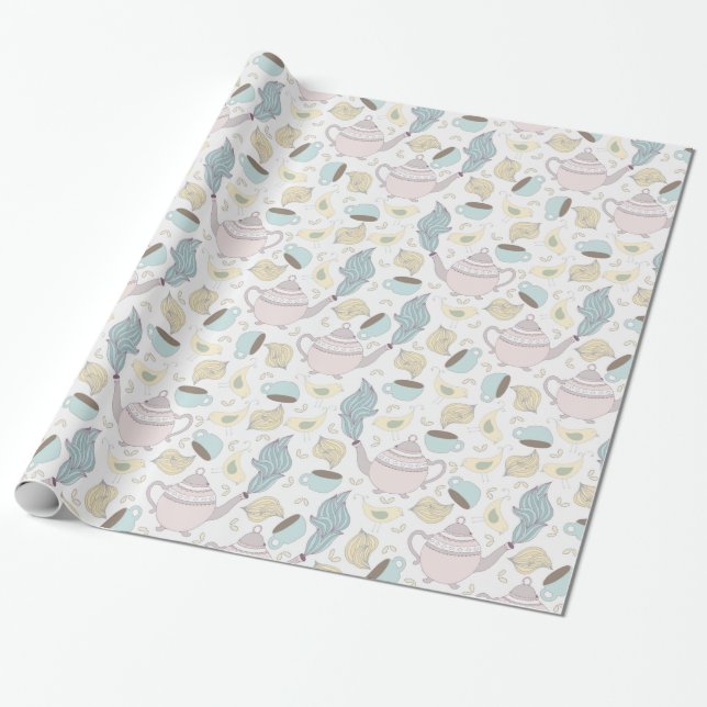 Pink Blue Teapots TeaCups Birds on White Wrapping Paper (Unrolled)