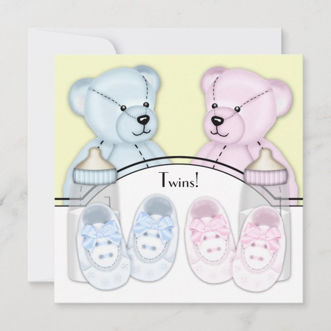 Pink Blue Teddy Bear Twin Baby Shower Invitation (Front)