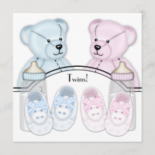 Pink Blue Teddy Bear Twin Baby Shower Invitations