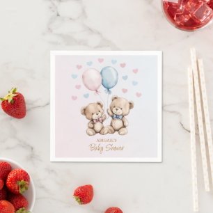 Pink Blue Teddy Bears Balloons Hearts Baby Shower Napkin