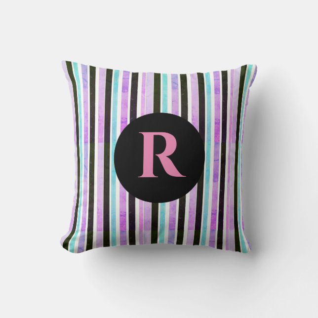 Pink Blue Texture Stripes Pattern Monogrammed Cushion (Front)