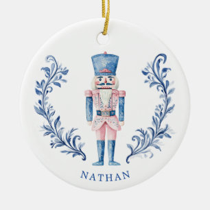 Pink & Blue Toile Crest Nutcracker Ceramic Tree Decoration