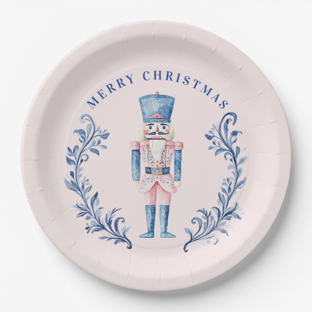 Pink & Blue Toile Crest Nutcracker Paper Plate (Front)