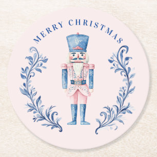 Pink & Blue Toile Crest Nutcracker Round Paper Coaster