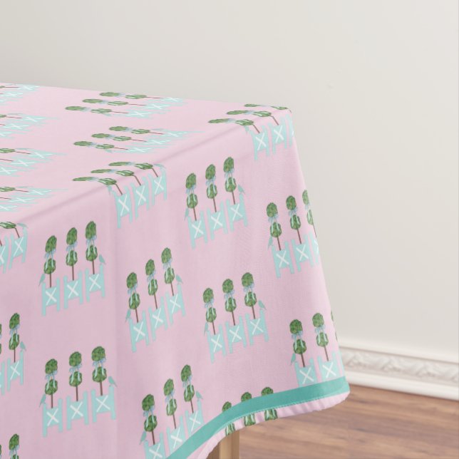 Pink Blue Topiary Turquoise Bird Birds    Tablecloth (In Situ)
