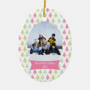 Pink blue trees Christmas holiday photo ornament