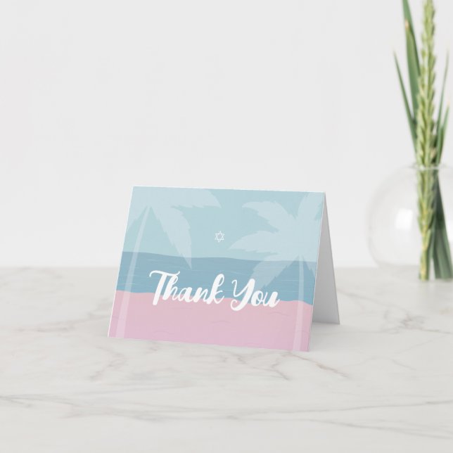 Pink Blue Tropical Beach Palm Trees Bat Mitzvah Thank You Card (Front)