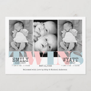 Pink   Blue Twins Baby Birth Announcement