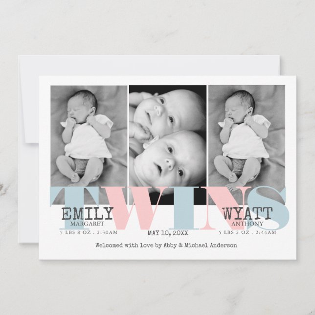 Pink | Blue Twins Baby Birth Announcement (Front)