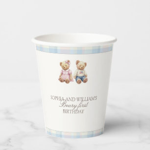 Pink blue Twins Beary First Birthday Paper Cups