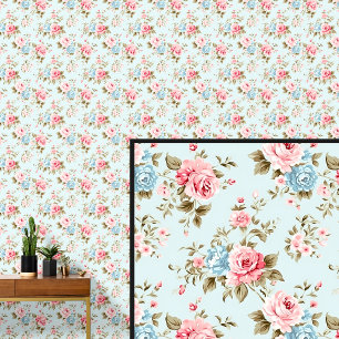 Pink Blue Vintage Rose Floral Shabby Chic Aqua Wallpaper