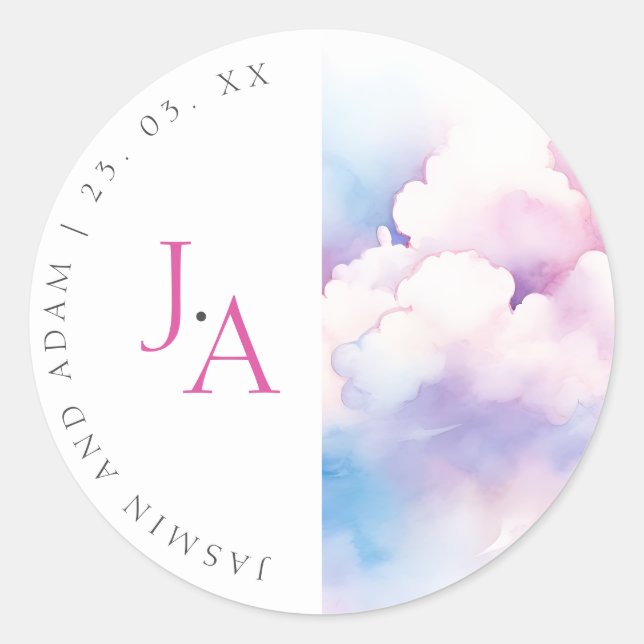 Pink Blue Watercolor Clouds Monogram Wedding Classic Round Sticker (Front)