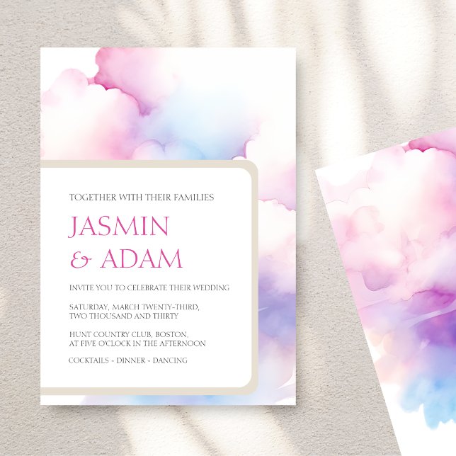 Pink Blue Watercolor Clouds Wedding Invitation (Elegant Pink Blue White Clouds Monogram Wedding Holiday Card)