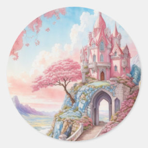 Pink Blue Watercolor Fantasy Castle  Classic Round Sticker