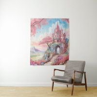Pink Blue Watercolor Fantasy Castle Wall Art