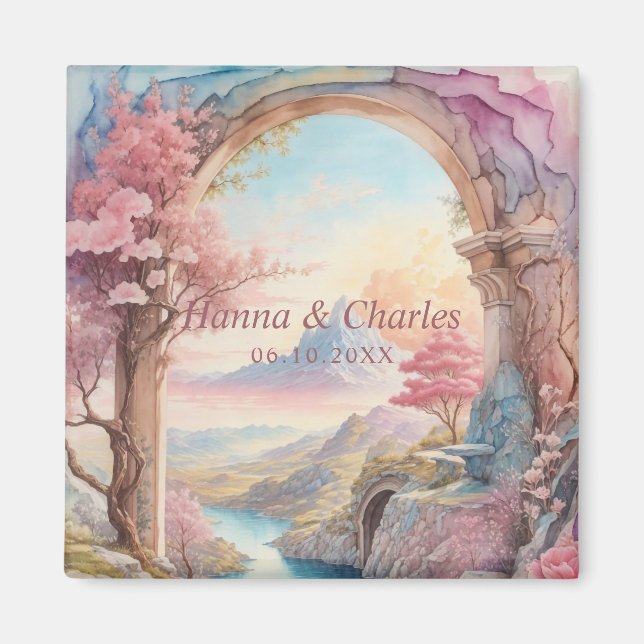 Pink Blue Watercolor Fantasy Landscape Magnet (Front)