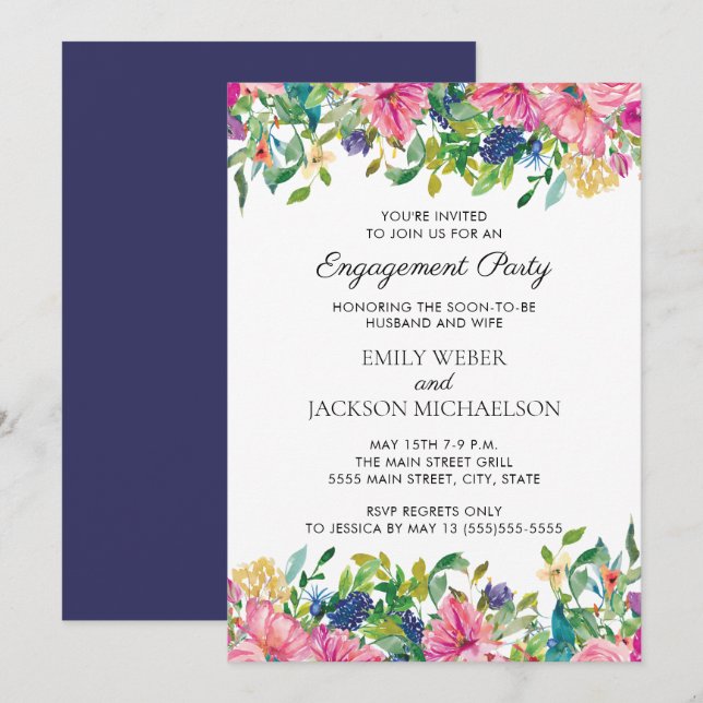 Pink Blue Watercolor Floral Engagement (Front/Back)