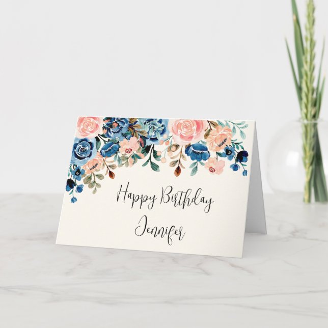 Pink & Blue Watercolor Flowers Birthday Card (Front)