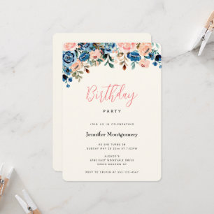 Pink & Blue Watercolor Flowers Birthday Invitation