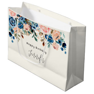 Pink & Blue Watercolor Flowers Birthday Large Gift Bag