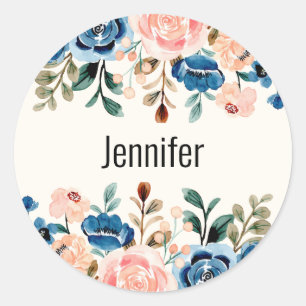 Pink & Blue Watercolor Flowers Border Classic Round Sticker