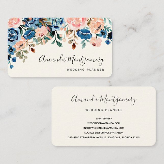 Pink & Blue Watercolor Flowers Business Card (Front/Back)