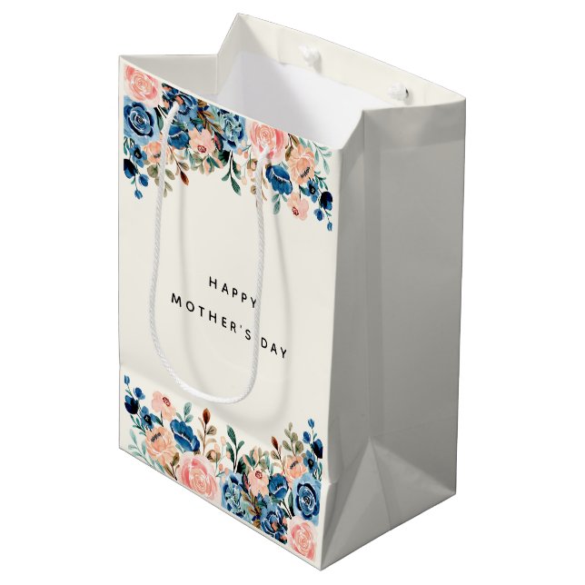 Pink & Blue Watercolor Flowers Mother's Day Medium Gift Bag (Front Angled)