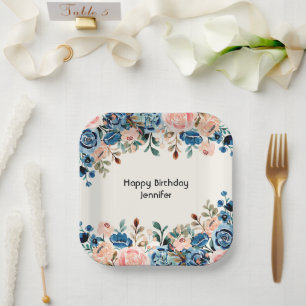Pink & Blue Watercolor Flowers Paper Plate