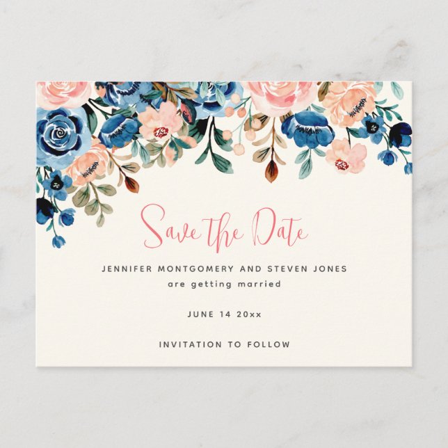 Pink & Blue Watercolor Flowers Save the Date Invitation Postcard (Front)