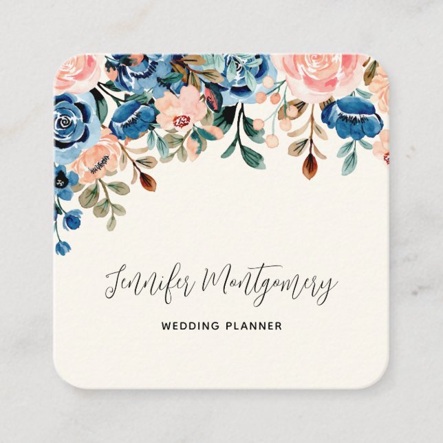 Pink & Blue Watercolor Flowers Square Business Card (Front)