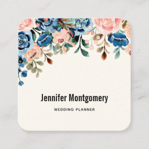 Pink & Blue Watercolor Flowers Square Business Card