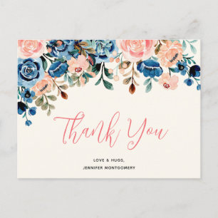 Pink & Blue Watercolor Flowers Thank You Postcard
