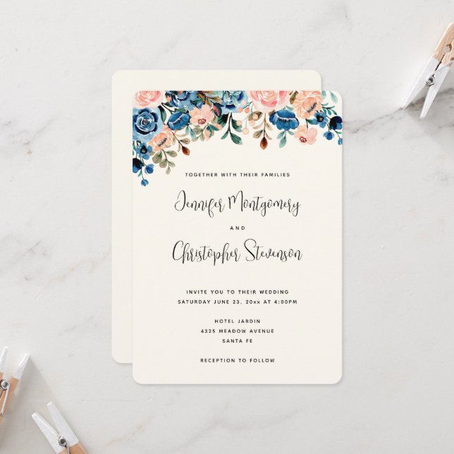Pink & Blue Watercolor Flowers Wedding Invitation (Front/Back In Situ)