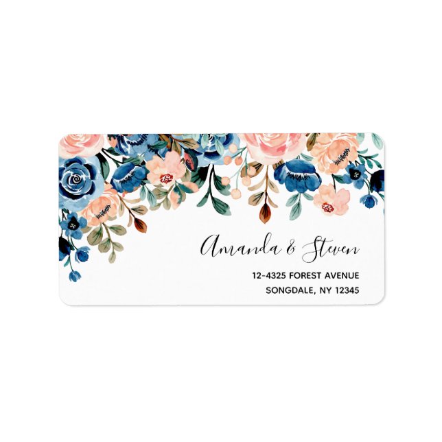 Pink & Blue Watercolor Flowers Wedding Label (Front)