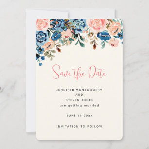 Pink & Blue Watercolor Flowers Wedding Save The Date