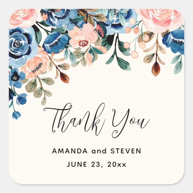 Pink & Blue Watercolor Flowers Wedding Thank You Square Sticker (Front)