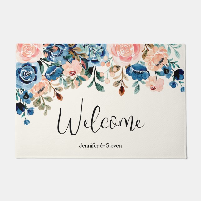Pink & Blue Watercolor Flowers Welcome Doormat (Front)
