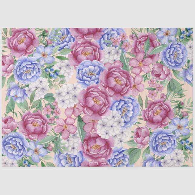 Pink & Blue Watercolor Garden Flowers Decoupage Tissue Paper (Front)