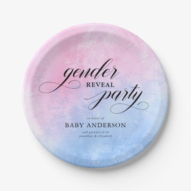 Pink & Blue Watercolor Gender Reveal Party Paper Plate (Front)