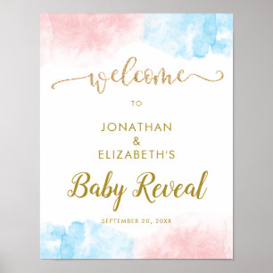 Pink Blue Watercolor Glitter Gender Reveal Welcome Poster