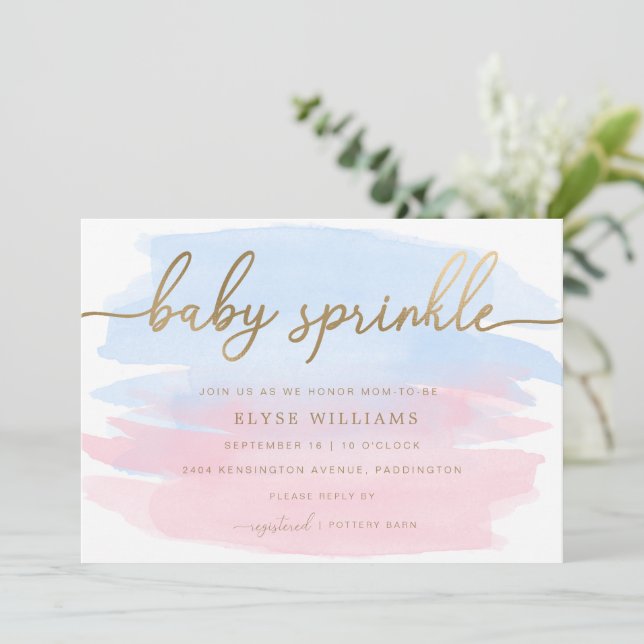 Pink Blue Watercolor Gold Baby Sprinkle Invitation (Standing Front)