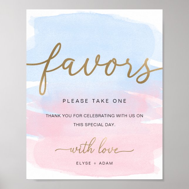 Pink Blue Watercolor Gold Favours Sign (Front)