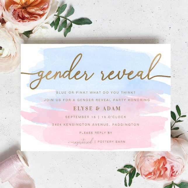 Pink & Blue Watercolor Gold Gender Reveal Invite (Gender Reveal Invitation Pink Blue Watercolour Gold )