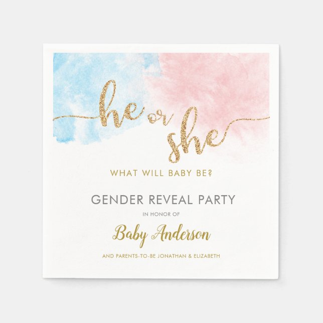 Pink & Blue Watercolor Gold Glitter Gender Reveal Napkin (Front)