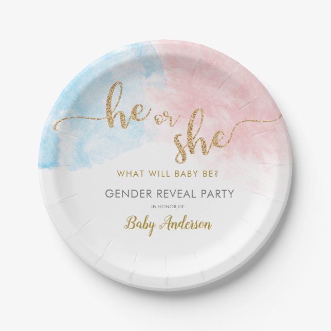 Pink & Blue Watercolor Gold Glitter Gender Reveal Paper Plate (Front)